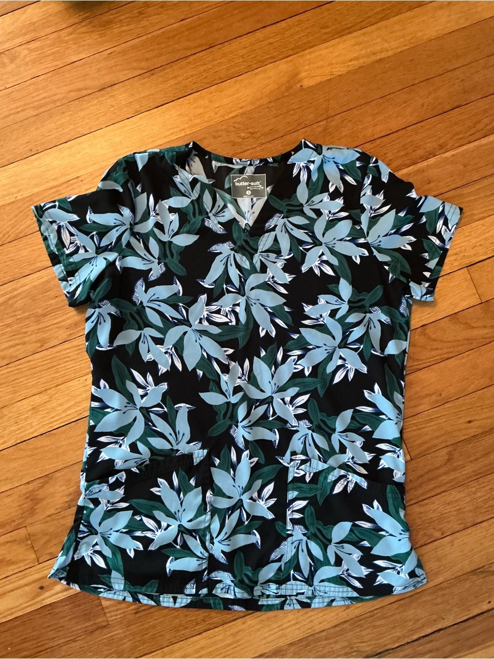 Butter Women's Floral V-Neck Scrub Top in Black and Teal Blue